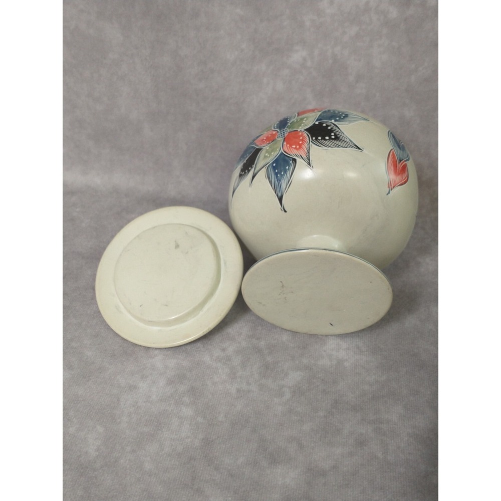 Pedestal Soapstone Jar With Lid Hand Painted and Carved Floral Design - Picture 8 of 10